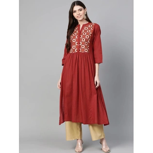 Bhama Couture Women Maroon & Beige Embroidered Kurta with Palazzos