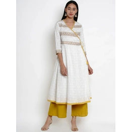 Bhama Couture Women White & Mustard Yellow Printed Kurta with Palazzos