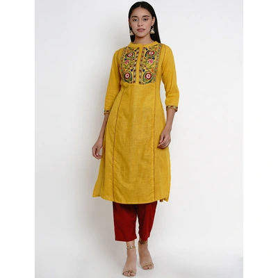 Bhama Couture Women Mustard Yellow & Maroon Embroidered Kurta with Palazzos