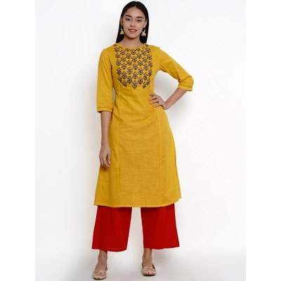 Bhama Couture Women Mustard & Red Yoke Design Kurti with Palazzos