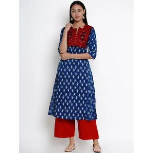 Bhama Couture Women Blue & Red Yoke Design Kurta with Palazzos