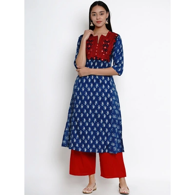 Bhama Couture Women Blue & Red Yoke Design Kurta with Palazzos