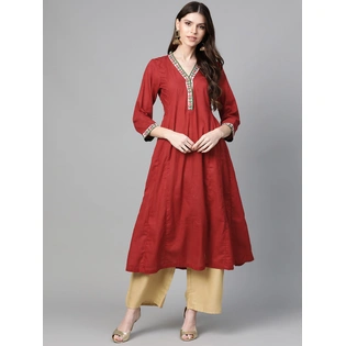 Bhama Couture Women Maroon & Beige Solid Anarkali Kurta with Palazzos