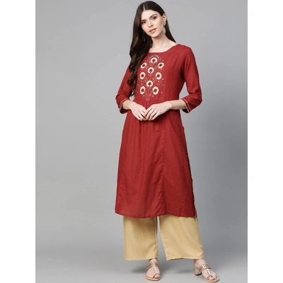 Bhama Couture Women Maroon & Beige Yoke Design Kurta with Palazzos