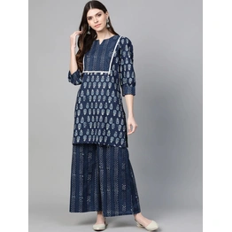 Bhama Couture Women Navy Blue & Off-White Printed Kurta with Palazzos