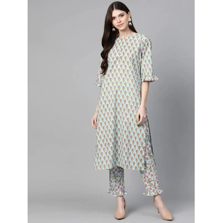 Bhama Couture Women Sea Green & Pink Printed Kurta with Trousers