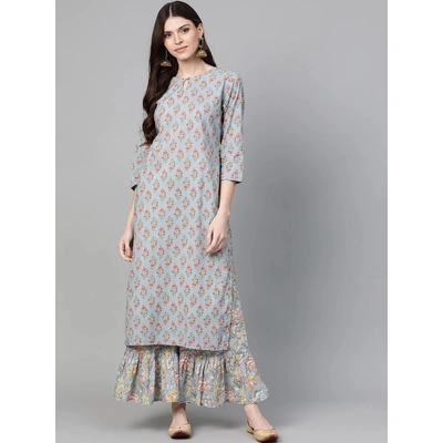 Bhama Couture Women Grey & Pink Floral Print Kurta with Palazzos