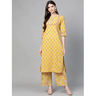 Bhama Couture Women Mustard Yellow & Coral Pink Floral Print Kurta with Palazzos