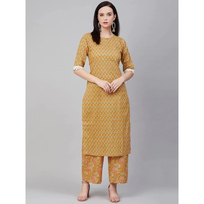 Bhama Couture Women Mustard Yellow & Pink Printed Kurta with Palazzos