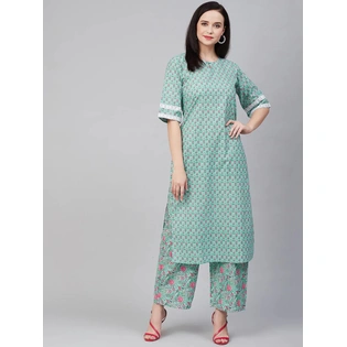 Bhama Couture Women Green & Pink Printed Kurta with Palazzos