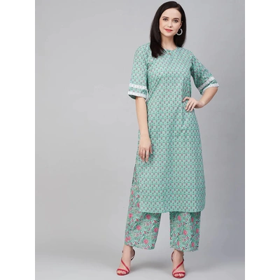 Bhama Couture Women Green & Pink Printed Kurta with Palazzos