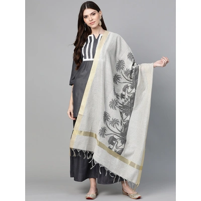 Bhama Couture Women Charcoal Grey Yoke Design Kurta with Sharara & Dupatta