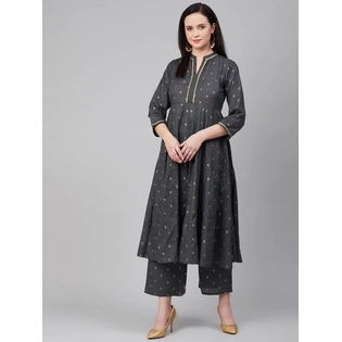 Bhama Couture Women Charcoal Grey & Golden Block Print Anarkali Kurta with Palazzos