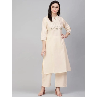 Bhama Couture Women Cream-Coloured Yoke Design Kurta with Palazzos