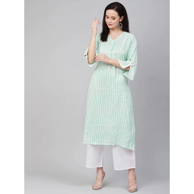 Bhama Couture Women Sea Green & White Striped Kurta with Palazzos