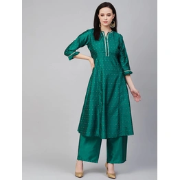 Bhama Couture Women Green & Golden Woven Design Kurta with Palazzos