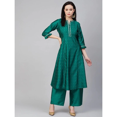 Bhama Couture Women Green & Golden Woven Design Kurta with Palazzos