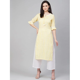 Bhama Couture Women Yellow & White Striped Kurta with Palazzos