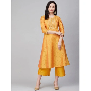 Bhama Couture Women Mustard Yellow & Black Woven Design Kurta with Palazzos