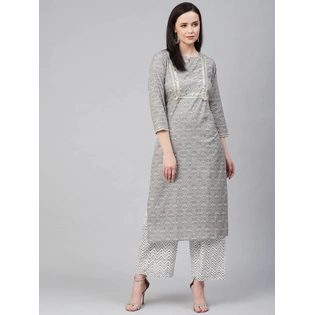 Bhama Couture Women Grey & White Printed Kurta with Palazzos