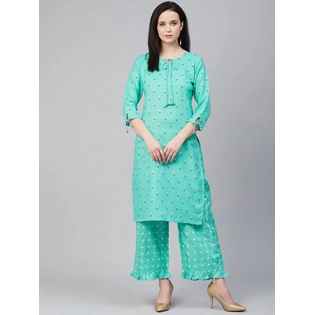 Bhama Couture Women Blue & Golden Block Print Kurta with Palazzos