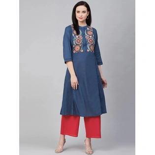 Bhama Couture Women Navy Blue & Red Yoke Design Kurta with Palazzos