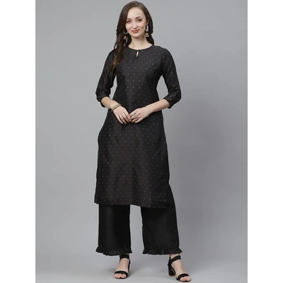 Bhama Couture Women Black & Golden Micro Ditsy Woven Design Kurta with Palazzos