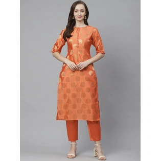 Bhama Couture Women Orange & Golden Woven Design Kurta with Trousers