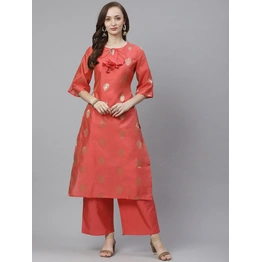 Bhama Couture Women Coral Pink & Golden Woven Design Kurta with Palazzos