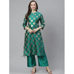 Bhama Couture Women Teal Green & Golden Woven Design Kurta with Palazzos