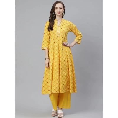 Bhama Couture Women Yellow & Red Bandhani Screen Printed Anarkali Kurta with Palazzos