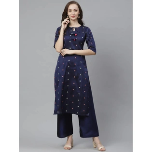 Bhama Couture Women Navy Blue & Golden Woven Design Kurta with Palazzos