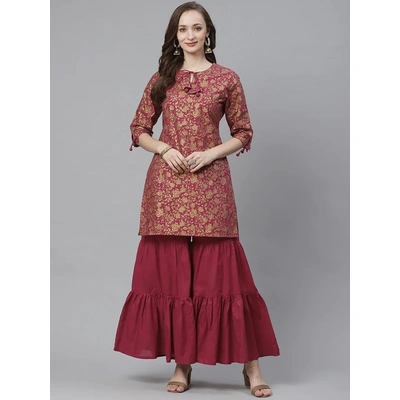 Bhama Couture Women Burgundy & Golden Floral Screen Printed Kurta with Sharara