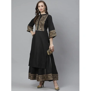 Bhama Couture Women Black & Golden Screen Yoke Design Kurta with Palazzos