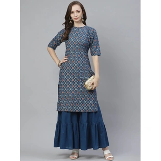 Bhama Couture Women Blue & Golden Screen Bandhani Printed Kurta with Sharara