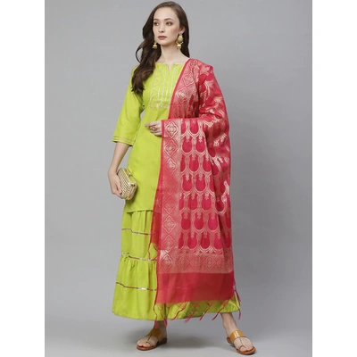 Bhama Couture Women Lime Green & Pink Solid Kurta with Sharara & Dupatta