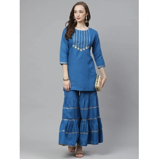 Bhama Couture Women Teal Blue Gotta Patti Yoke Design Kurta with Sharara