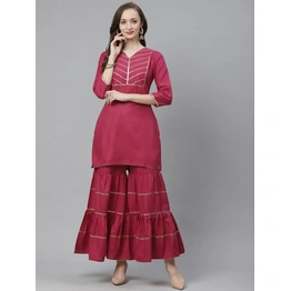 Bhama Couture Women Burgundy Yoke Design Kurta with Sharara