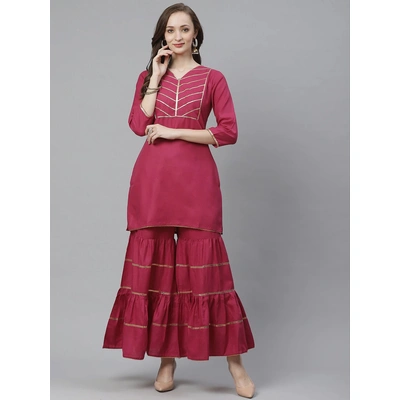 Bhama Couture Women Burgundy Yoke Design Kurta with Sharara