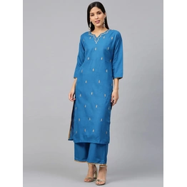 Bhama Couture Women Teal Blue & Golden Gotta Patti Embroidered Kurta with Palazzos