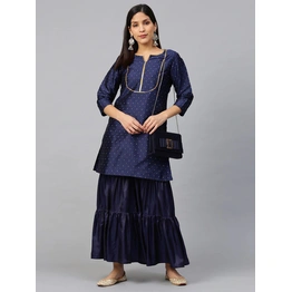 Bhama Couture Women Navy Blue & Golden Satin Finish Self Design Kurta with Sharara