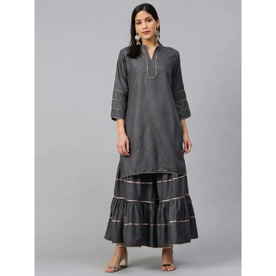 Bhama Couture Women Charcoal Grey Gotta Patti Kurta with Sharara