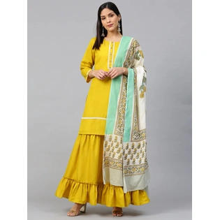 Bhama Couture Women Mustard Yellow Solid Kurta with Sharara & Dupatta