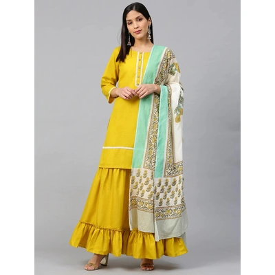 Bhama Couture Women Mustard Yellow Solid Kurta with Sharara & Dupatta