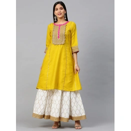 Bhama Couture Women Mustard & White Gotta Patti Striped Kurta with Block Printed Skirt