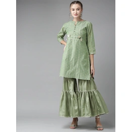 Bhama Couture Women Green & Golden Woven Design Kurta with Sharara