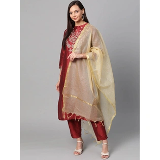 Bhama Couture Women Maroon & Golden Yoke Design Kurta with Trousers