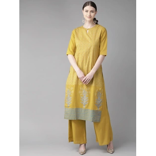 Bhama Couture Women Mustard Yellow & Off-White Block Printed Kurta with Palazzos