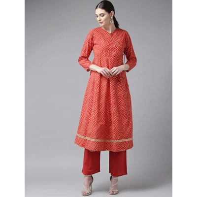 Bhama Couture Women Red & White Bandhan Print Angrakha Kurta with Palazzos