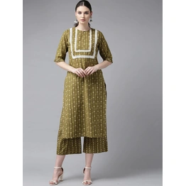 Bhama Couture Women Olive Green & Cream-Coloured Screen Print Kurta with Palazzos